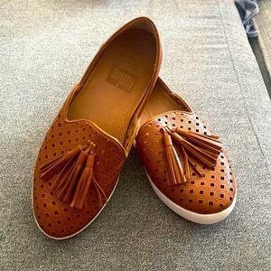 Caramel Brown Latticed Leather Tassel Loafers Flats US 5